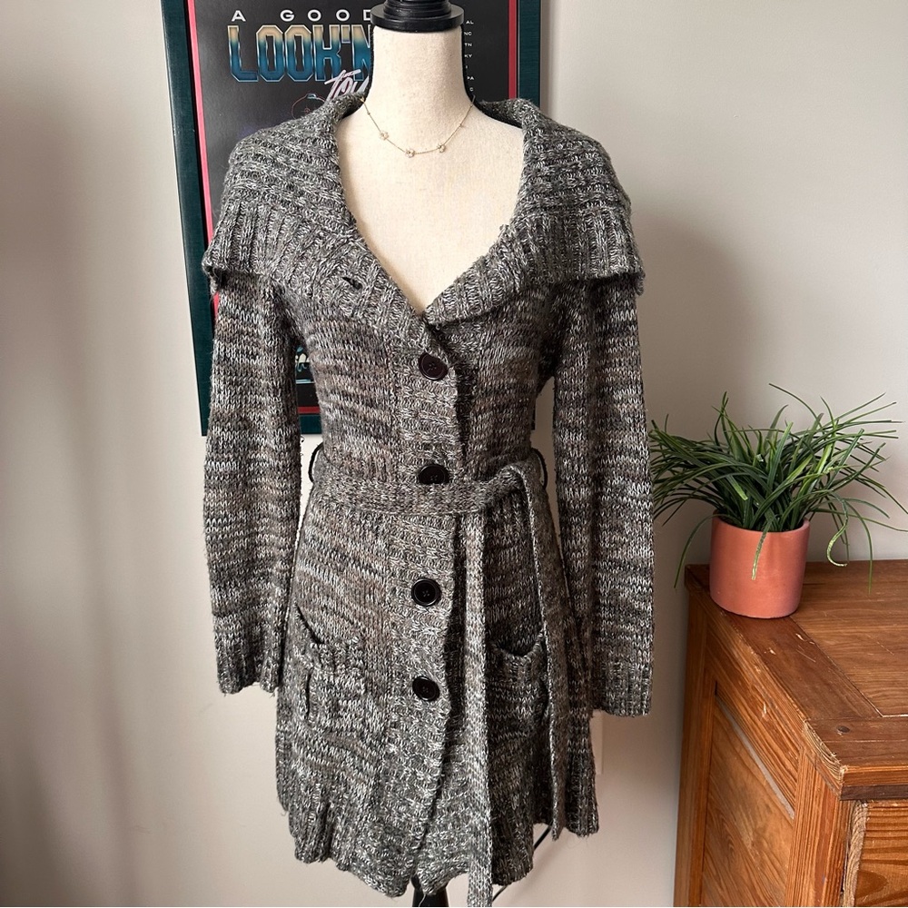 Say What? Marled Gray Knit Belted Cardigan